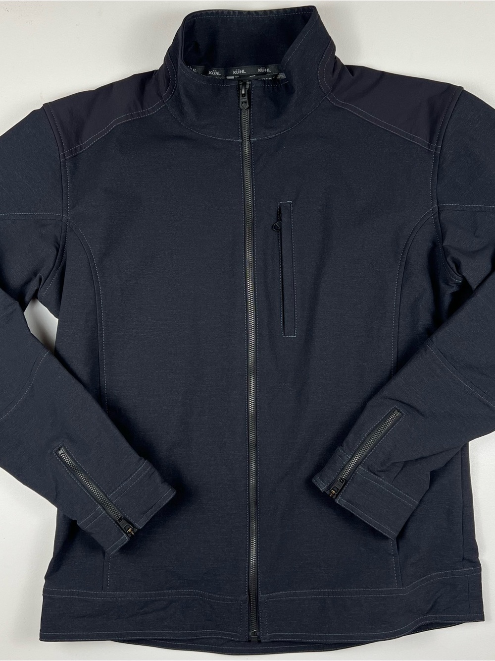 KUHL Impakt Men’s M Black Softshell Jacket Moto Zipper Cuffs Fleece Lined RARE